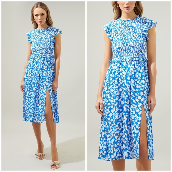 LAST 1❗️SUGARLIPS Palmas Amira Blue Ivory Smocked Midi Dress - Picture 7 of 12